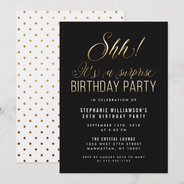 Black & Gold Shh! It's A Surprise Birthday Party Invitation (Front/Back)
