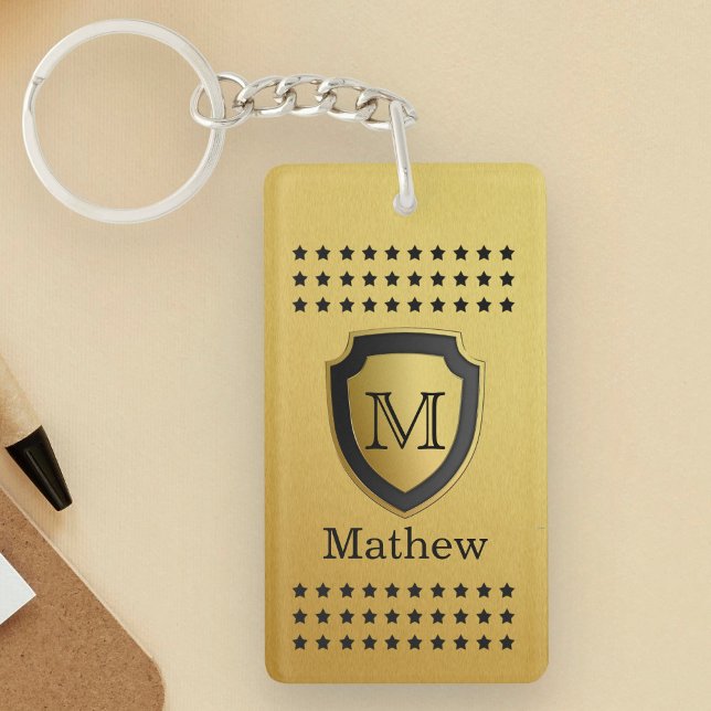 Black Gold Shield Monogram Name Star Pattern Manly Key Ring (Creator Uploaded)