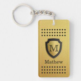 Black Gold Shield Monogram Name Star Pattern Manly Key Ring