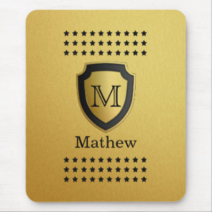 Black Gold Shield Monogram Name Star Pattern Manly Mouse Mat