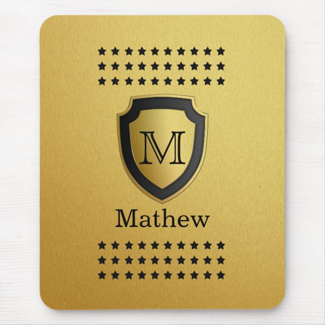 Black Gold Shield Monogram Name Star Pattern Manly Mouse Mat (Front)