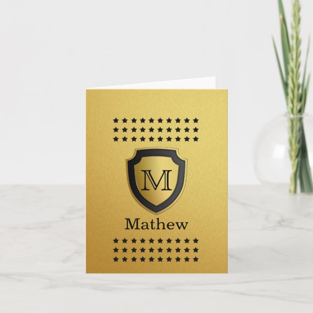 Black Gold Shield Monogram Name Star Pattern Manly Note Card (Front)
