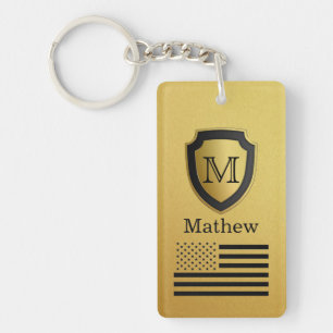 Black Gold Shield USA Flag Monogram Name Manly Key Ring