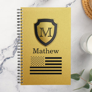 Black Gold Shield USA Flag Monogram Name Manly Planner