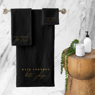 Black Gold Signature Script Monogram Bath Towel Set