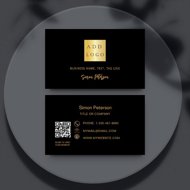Black gold signature script QR code logo Business Card (Creator Uploaded)