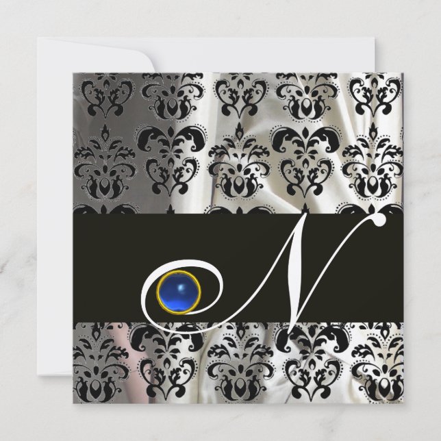 BLACK GOLD SILK DAMASK MONOGRAM BLUE SAPPHIRE INVITATION (Front)