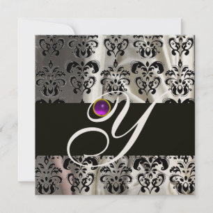 BLACK GOLD SILK DAMASK MONOGRAM PURPLE AMETHYST INVITATION