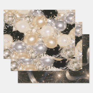 Black Gold Silver Balloons Birthday Wrapping Paper Sheet