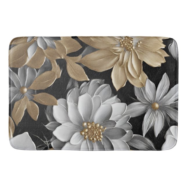 Black Gold Silver Floral Bath Mat (Front)