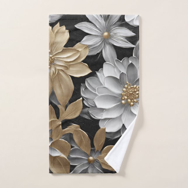 Black Gold Silver Floral Hand Towel (Hand Towel)