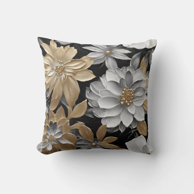 Black Gold Silver Floral Throw Pillow (Front)