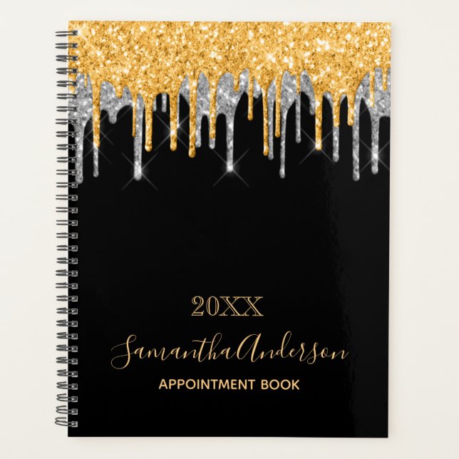 Black gold Silver glitter drips name 2026 Planner (Front)