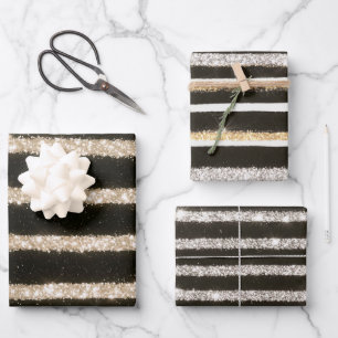Black Gold Silver Glitter Stripes Birthday Wrapping Paper Sheet