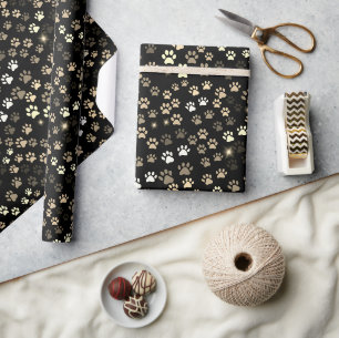 Black Gold Silver Neutral Paw Prints Wrapping Paper