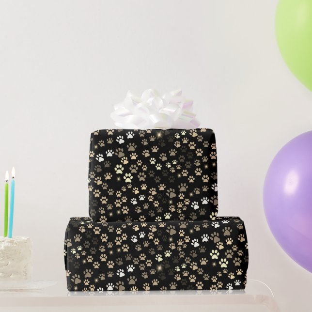 Black Gold Silver Paw Prints Wrapping Paper (Party Gifts)