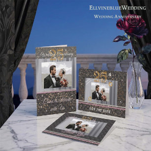 Black Gold & Silver Silk 25th  Wedding Anniversary Invitation