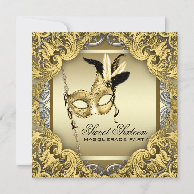 Black Gold Silver Sweet Sixteen Masquerade Party Invitation (Front)