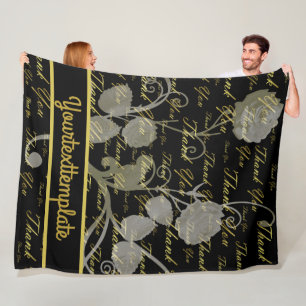 black, gold, silver, thank you, flowers, floral, fleece blanket