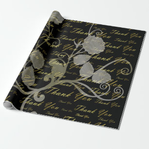 black, gold, silver, thank  you, flowers, floral, wrapping paper