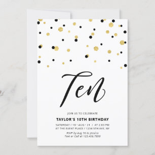 Black & Gold Simple 10th Teen Birthday Party Invit Invitation