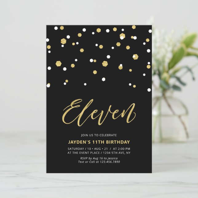 Black & Gold Simple 11th Teen Birthday Party Invit Invitation (Standing Front)