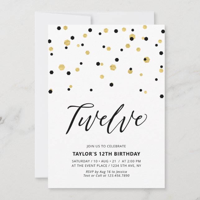 Black & Gold Simple 12th Teen Birthday Party Invitation (Front)