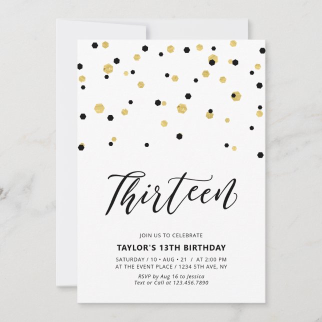 Black & Gold Simple 13th Teen Birthday Party Invitation (Front)