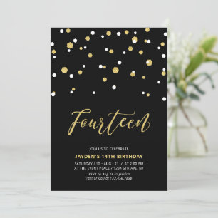 Black & Gold Simple 14th Teen Birthday Party Invit Invitation