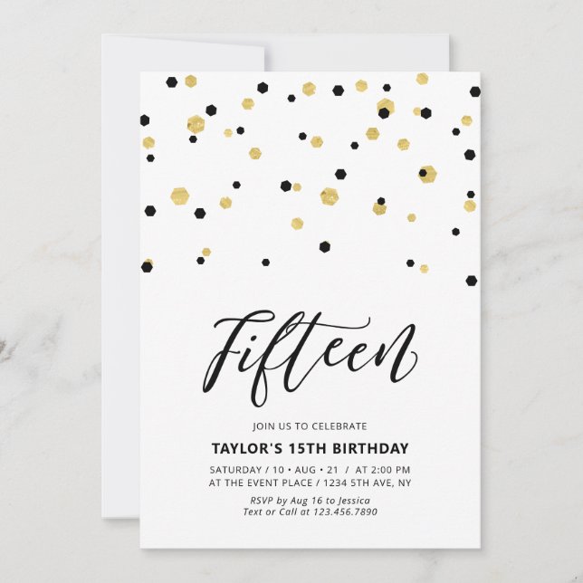 Black & Gold Simple 15th Teen Birthday Party Invitation (Front)