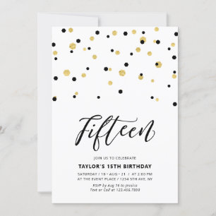 Black & Gold Simple 15th Teen Birthday Party Invitation