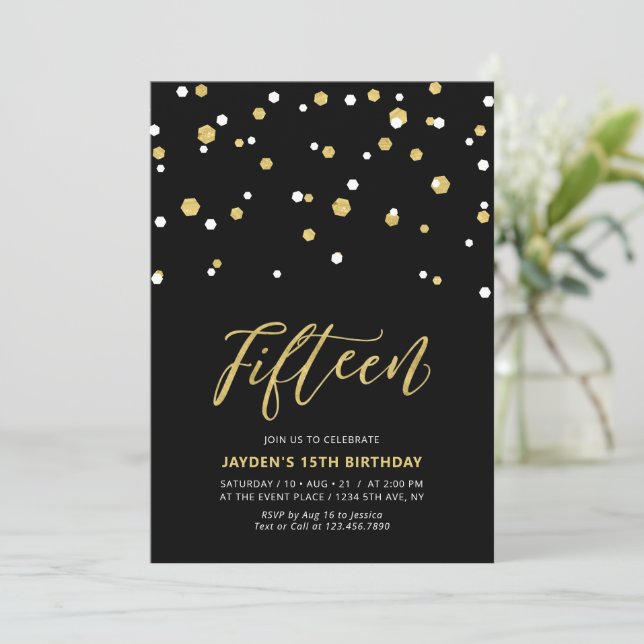 Black & Gold Simple 15th Teen Birthday Party Invitation (Standing Front)