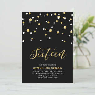 Black & Gold Simple 16th Teen Birthday Party Invit Invitation
