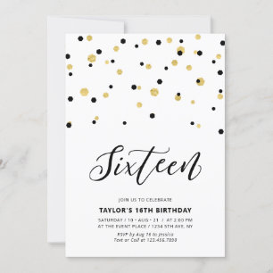 Black & Gold Simple 16th Teen Birthday Party Invitation