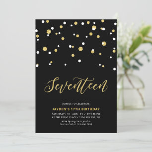 Black & Gold Simple 17th Teen Birthday Party Invit Invitation