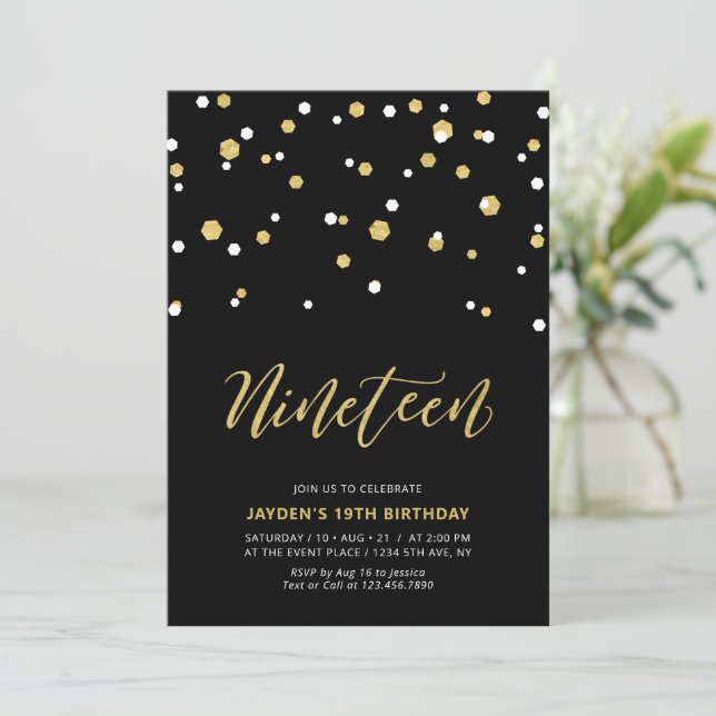 Black & Gold Simple 19th Teen Birthday Party Invit Invitation (Standing Front)
