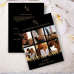 Black & Gold Simple Classic 6 Multi Photos Collage Save The Date