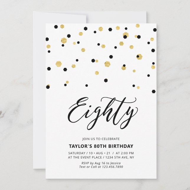 Black & Gold Simple Eighty 80th Birthday Party Invitation (Front)