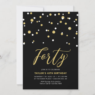 Black & Gold Simple Forty 40th Birthday Party Invi Invitation