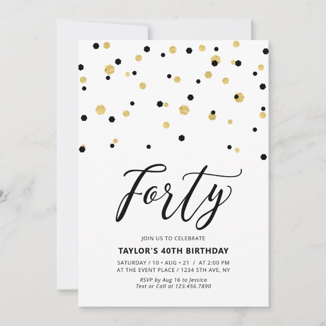 Black & Gold Simple Forty 40th Birthday Party Invitation (Front)