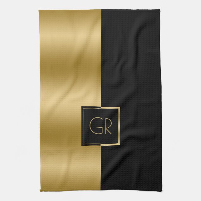 Black & Gold Simple Geometric Design Tea Towel (Vertical)