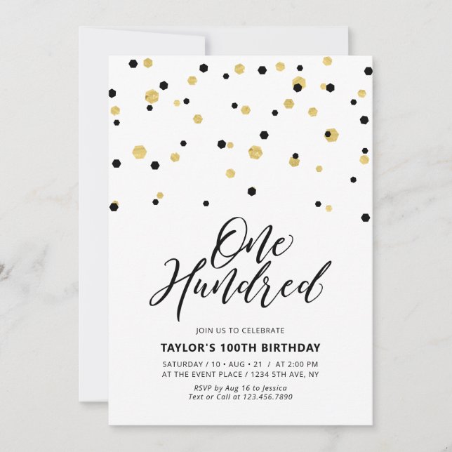 Black & Gold Simple Hundred 100th Birthday Party Invitation (Front)