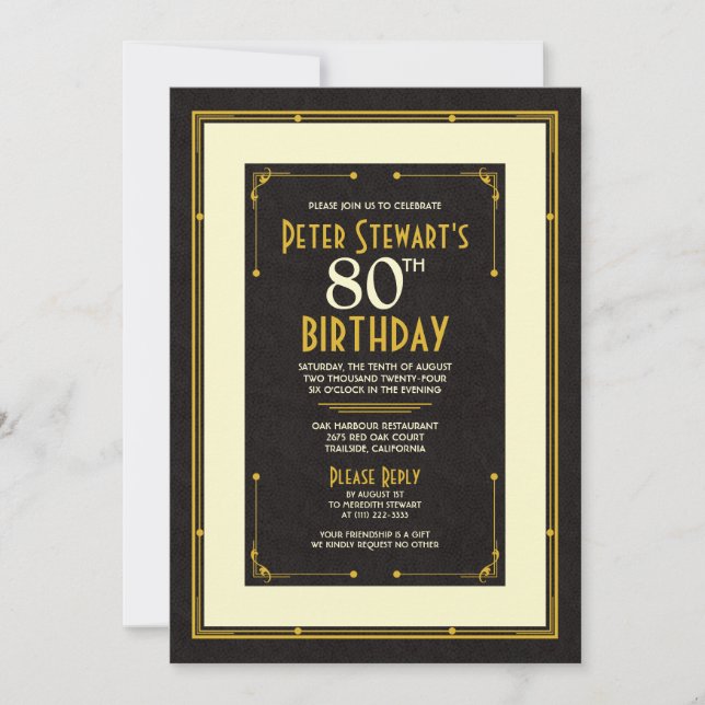 Black Gold Simple Man's Classic 80th Birthday Invitation (Front)
