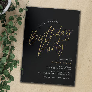 Black & Gold Simple Minimal Typography Birthday Invitation