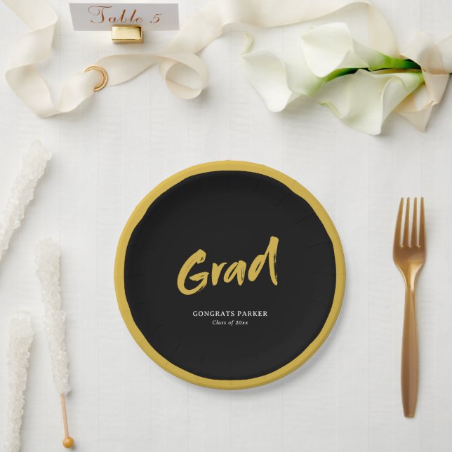 Black & Gold Simple Modern Brush Script Graduation Paper Plate (Wedding)