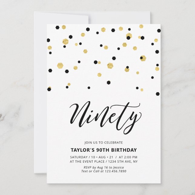 Black & Gold Simple Ninety 90th Birthday Party Invitation (Front)