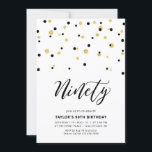 Black & Gold Simple Ninety 90th Birthday Party Invitation<br><div class="desc">Celebrate your special day with this minimal 90th birthday party invitation. This design features a stylish lettering script "Ninety" with hexagon-shaped confetti with a black & gold colour combo. More designs available at my shop BaraBomDesign.</div>
