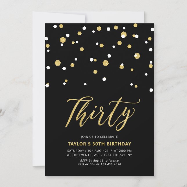 Black & Gold Simple Thirty 30th Birthday Party Inv Invitation (Front)