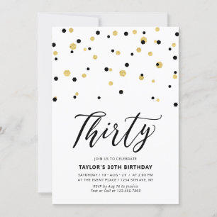 Black & Gold Simple Thirty 30th Birthday Party Invitation