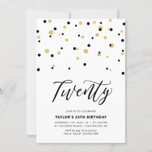 Black & Gold Simple Twenty 20th Birthday Party Invitation
